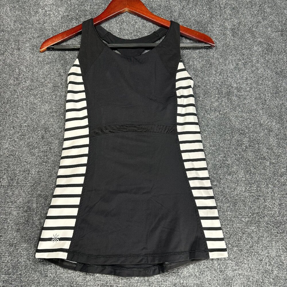 Athleta Ace Racer Tank Top Women XS Black White Stripe Mesh Accents Built In Bra